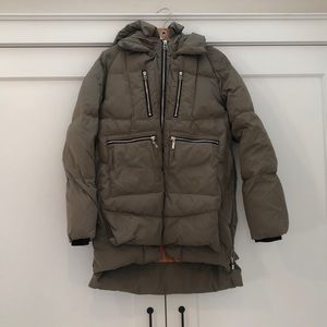 Green Puffer Jacket, Sherpa Lined Hood with Six Zippered Pockets